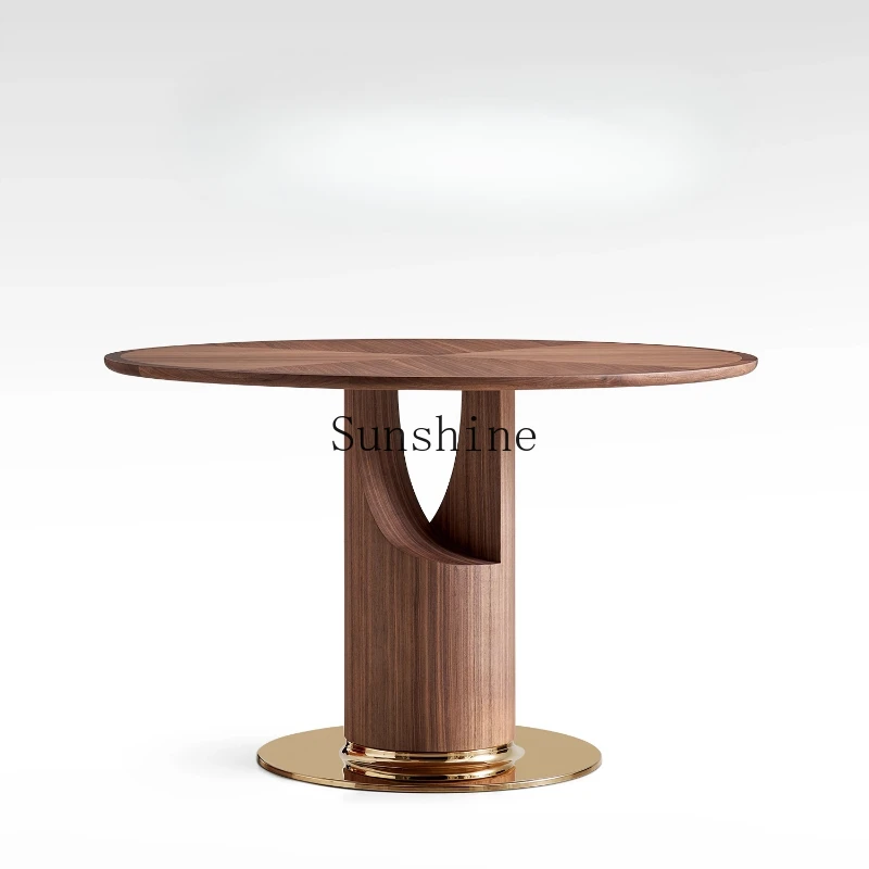 

French black walnut round table rotating plate household solid wood dining table
