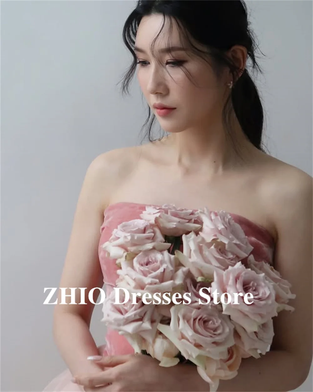 ZHIO الخوخ الوردي ألف خط تول الربط فساتين الحفلات المسائية كوريا صورة تبادل لاطلاق النار ألف خط فساتين الزفاف حفلة رسمية مخصصة #3