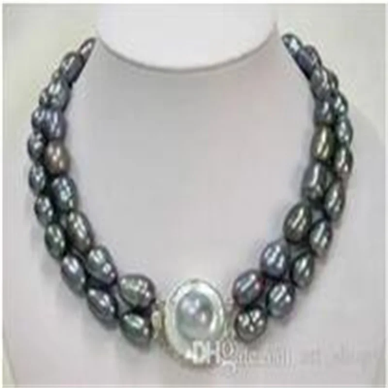 2 Rows natural 11-13mm tahitian black pearl necklace 17