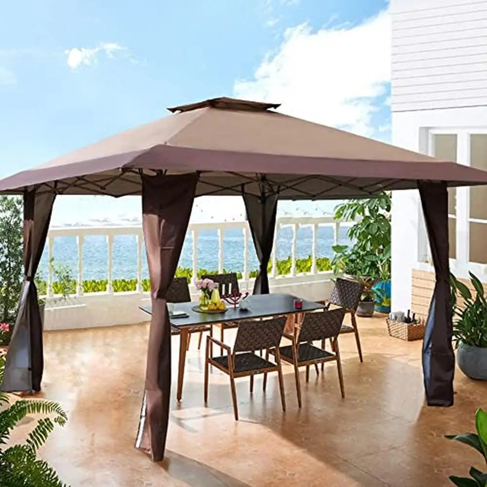 13'x13' UV Block Sun Shade Gazebo Canopy Kit Garden Events Brown Easy Pop-up Shelter Superior Quality Oxford Fabric Flame