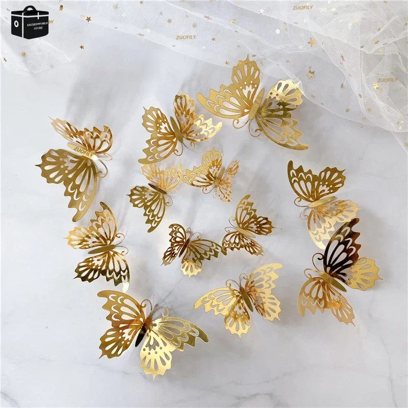 Adesivo de parede em forma de borboleta 3d oco, cor ouro, prata, rosa, decoração para casa, festa de aniversário e casamento, 12 pçs/set