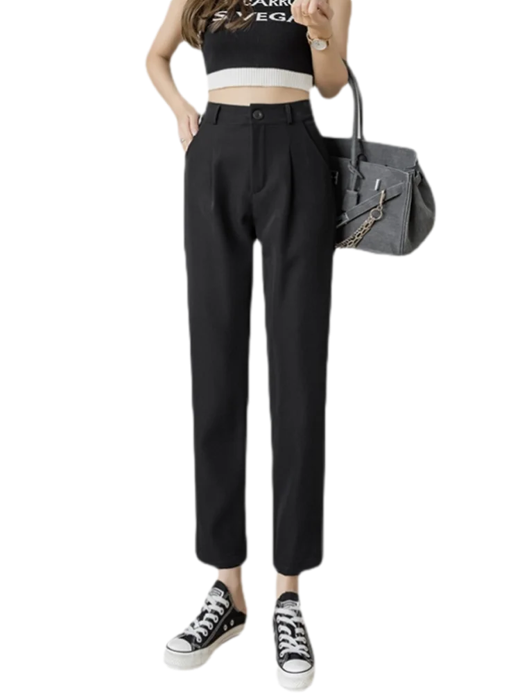 Damskie spodnie garniturowe z wysokim stanem, zwiewne, codzienne, wiosna-lato 2024, nowe, uniwersalne, wyszczuplające, o długości 7/8, proste, modne.