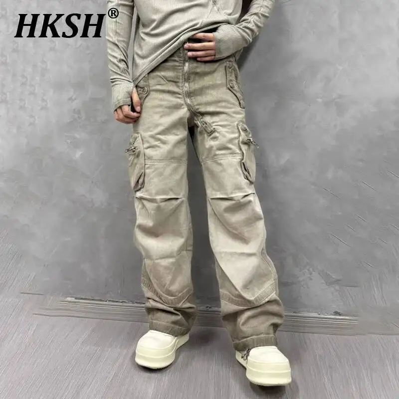 

HKSH Men Heavy Retro Waste Land Washed Retro Safari Style Cargo Pants Punk Personalized Diagonal Zipper Pockets Overalls HK4584