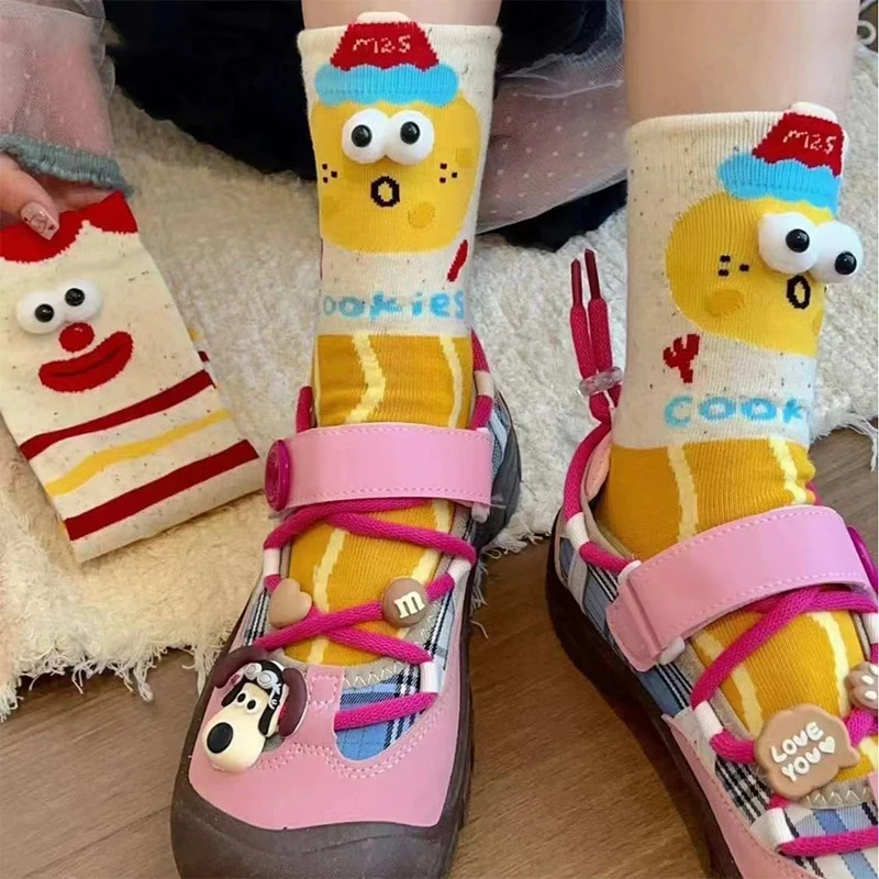 5 Pairs Unisex Funny Socks Set Cartoon 3d Big Eyes Cute Sweet Kawaii Mid Socks Comfortable Breathable High Quality Cotton Socks