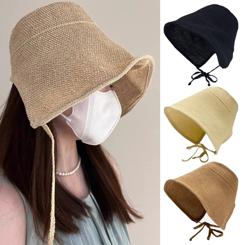 Retro Lace Up Bucket Hat Woman Cotton Linen Large Brim Sunshade Sun Hats Outdoor Cycling Sun Protection Visors Summer Beach Caps