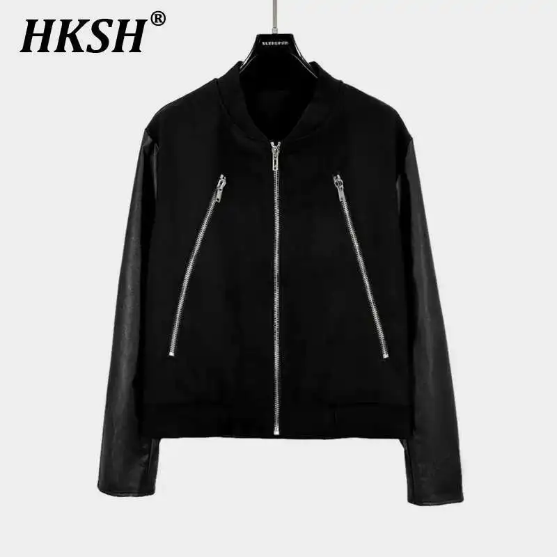 

HKSH Autumn Winter Spring New Men's Tide Punk Leather Patchwork Jackets Fashion RO Style Chic Zippers Stand Collar Coats HK3099