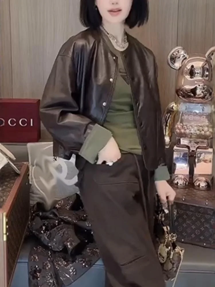 両面着用可能 イープスキン 本革 ジャケット ラウンドネック ルーズトップ 2024年秋新作 スレ タンナリーレザー オルトコート レディース