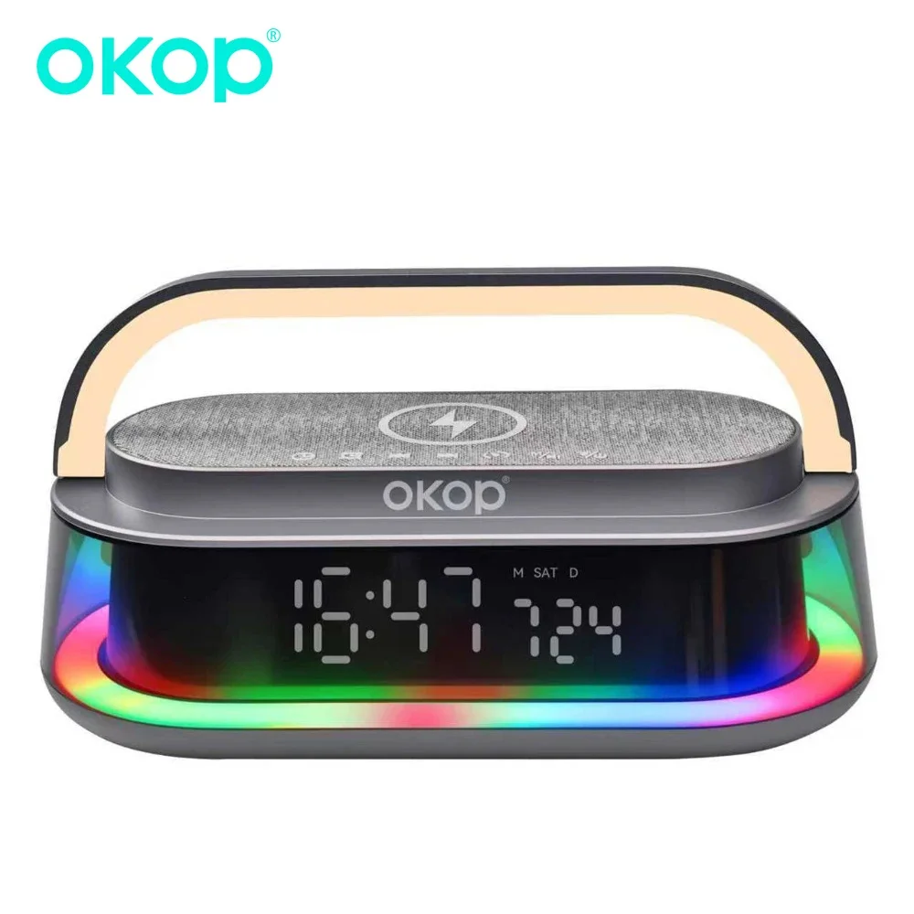 OKOP 4-in-1 Functionality Bluetooth Speaker Smart Alarm Clock Wireless Charger & RGB Night Light Subwoofer Колонка Speak
