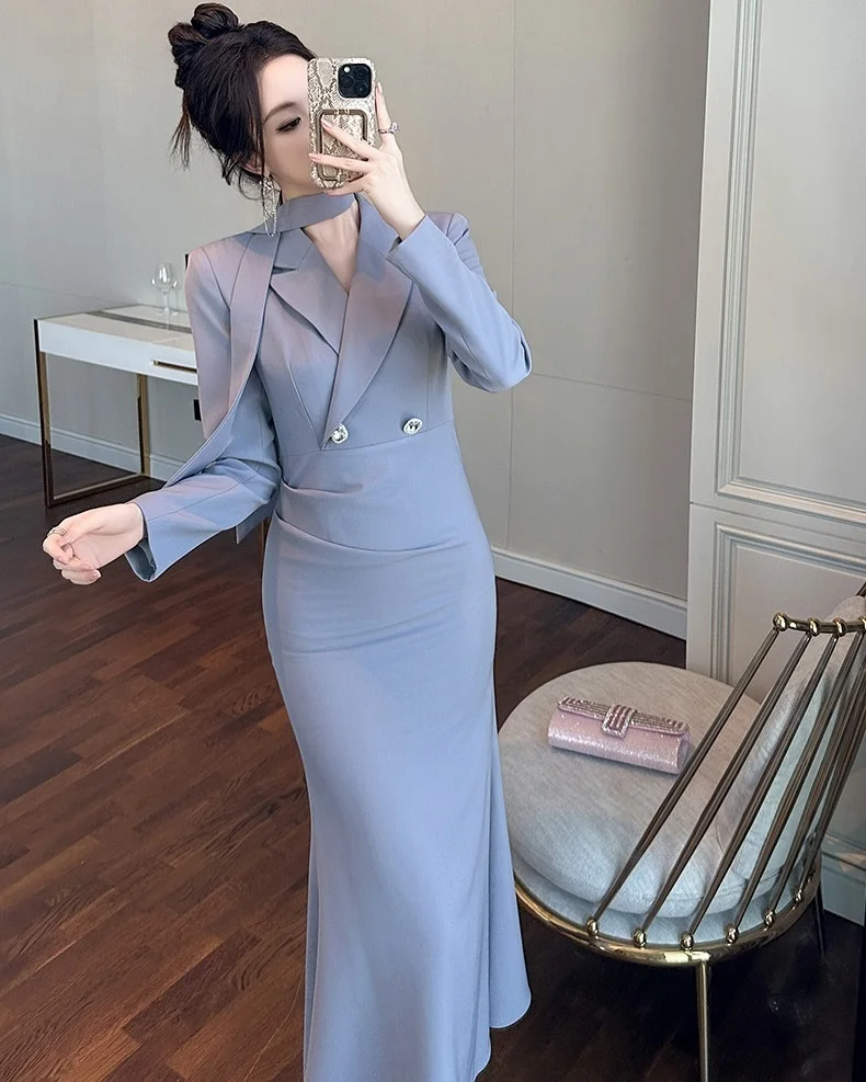 Vestido de noche con cintas y botones de sirena, Jersey Formal personalizado, mangas largas delicadas, cuello en V, longitud del té, vestidos para ocasiones a medida