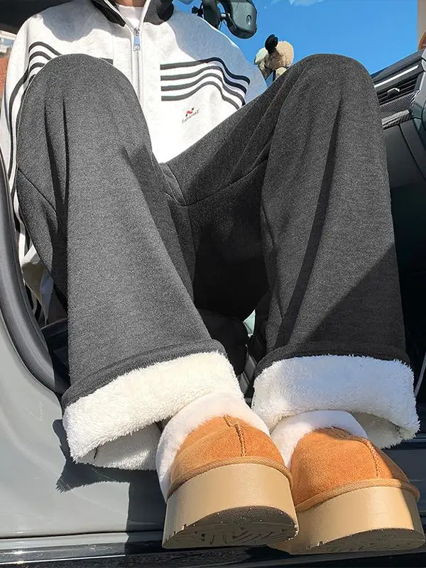 

Heavyweight Lamb Velvet Rice Noodle Pants Men's Winter Fce Lined Thiened Wer id Sweatpants Loose Straight Casual Lon...