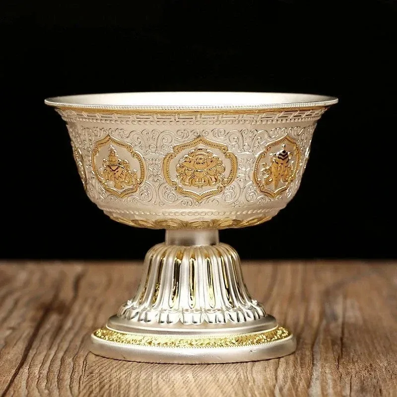 Silver and Gold Engraving Buddhism Holy Water Cup Handicraft Alloy Auspicious Tibetan Buddha Bowl Collection Gift Decorative