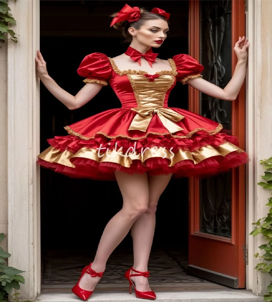 

Сексуальное красное платье для выпускного вечера для косплея, многослойное мини-короткое платье трапециевидной формы, вечерние платья Лолиты, 2025 г., клубное коктейльное выпускное платье по индивидуальному заказу
