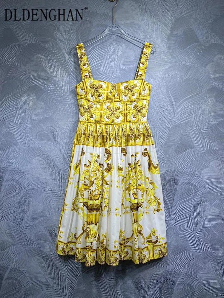 

DLDENGHAN Summer Vintage Cotton Dress Women's Spaghetti Strap Sleeveless Yellow Flower Print Backless Dress Fashion Designer New