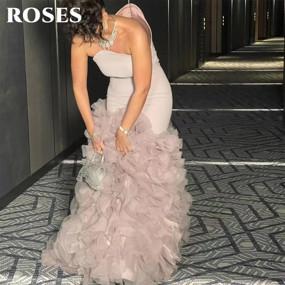 ROSES Light Pink Evening Dress Strapless Satin Corset Evening Gown with Ruffled Tulle Mermaid Prom Dresses for Woman Customized image 2