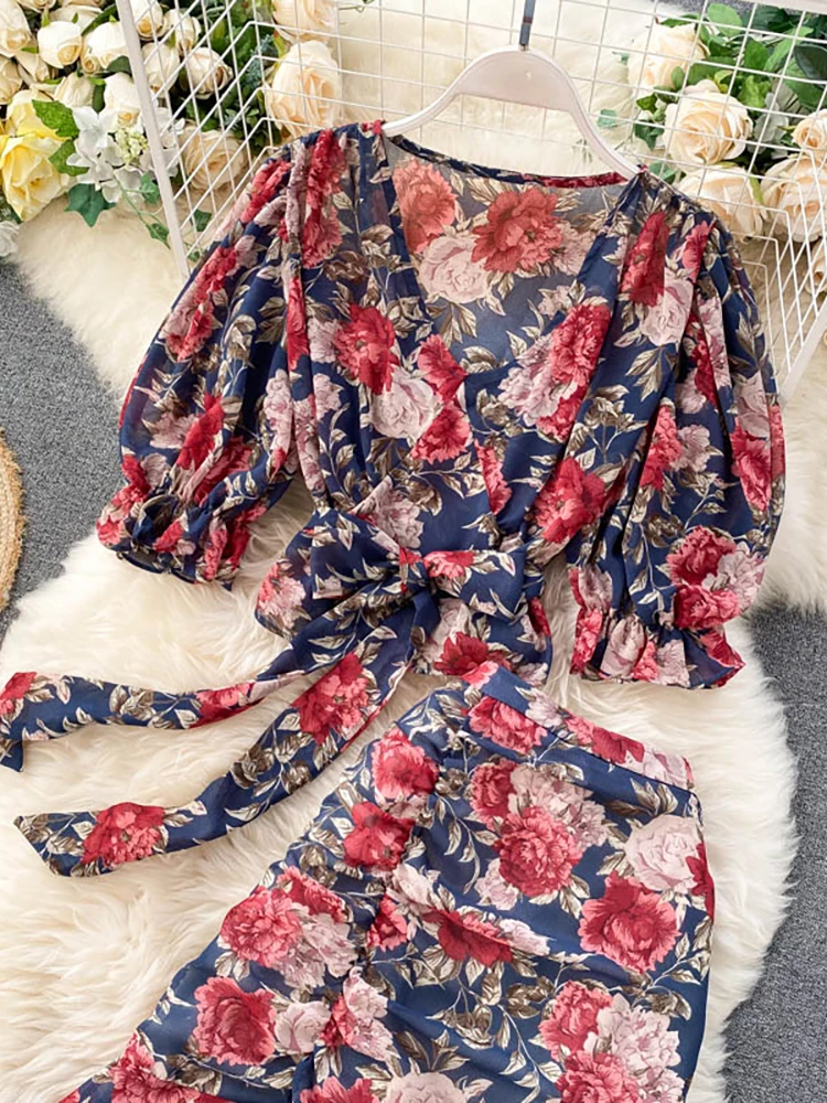 Colordate Women's Blue And Pink Flower Print Long Sleeve Cotton Homewear Set main image 0
