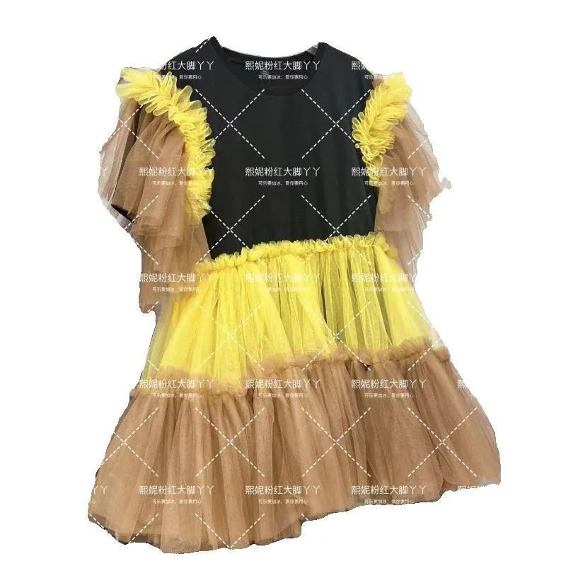 Chic Contrast Color Mesh Ruffles Patchwork gonna Pullover t-shirt allentata garza increspata pieghettata Tees Dress Jumpers top Vestidos