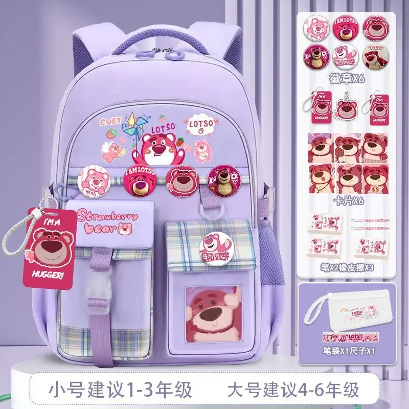 Sanrio tas sekolah Super ringan, tas ransel pelindung tulang belakang, kapasitas besar, kartun imut, tas sekolah Super ringan, beruang stroberi untuk pelajar