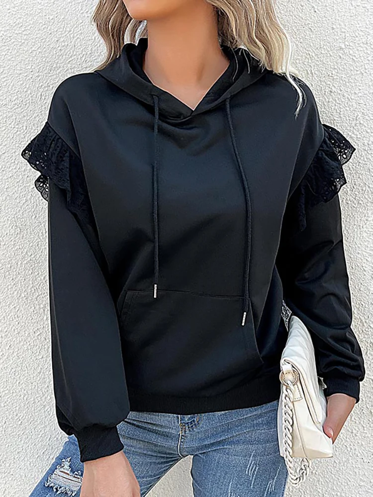 Einfarbiger Langarm pullover Frühling und Herbst lose bequeme Spitze Langarm Damen Hoodies Sweatshirt