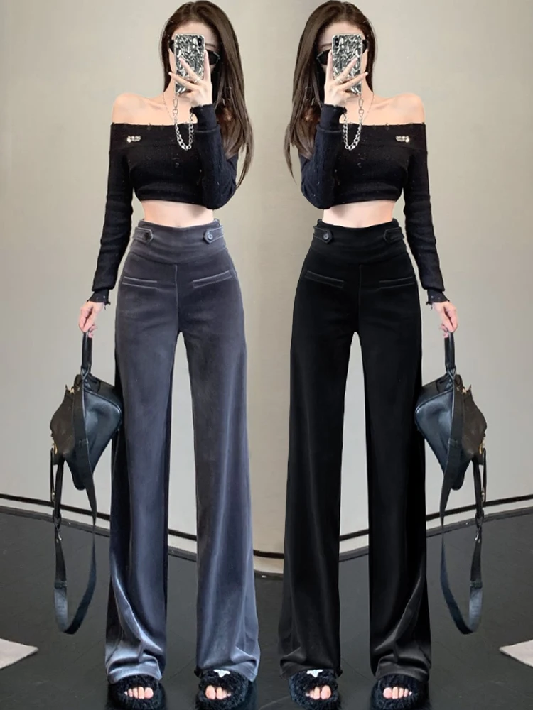 

Women Golden velvet Fashion High Waist Flare Pants 2023 Winter New Black Slim Trumpet Trendy Pants Ladies Commuter Long Trousers