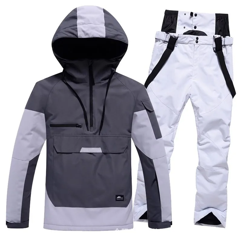 Couple Pullover Hooded Ski Jacket Suspender Pants Set Waterproof Windproof Warm Breathable Snowboard Skiing Suit For Men Women