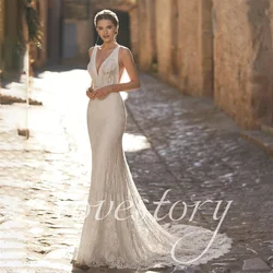 Vestidos De novia elegantes con escote en V profundo, apliques De encaje, Vestido De novia De sirena sin espalda, Vestido De tul sin mangas, 2024