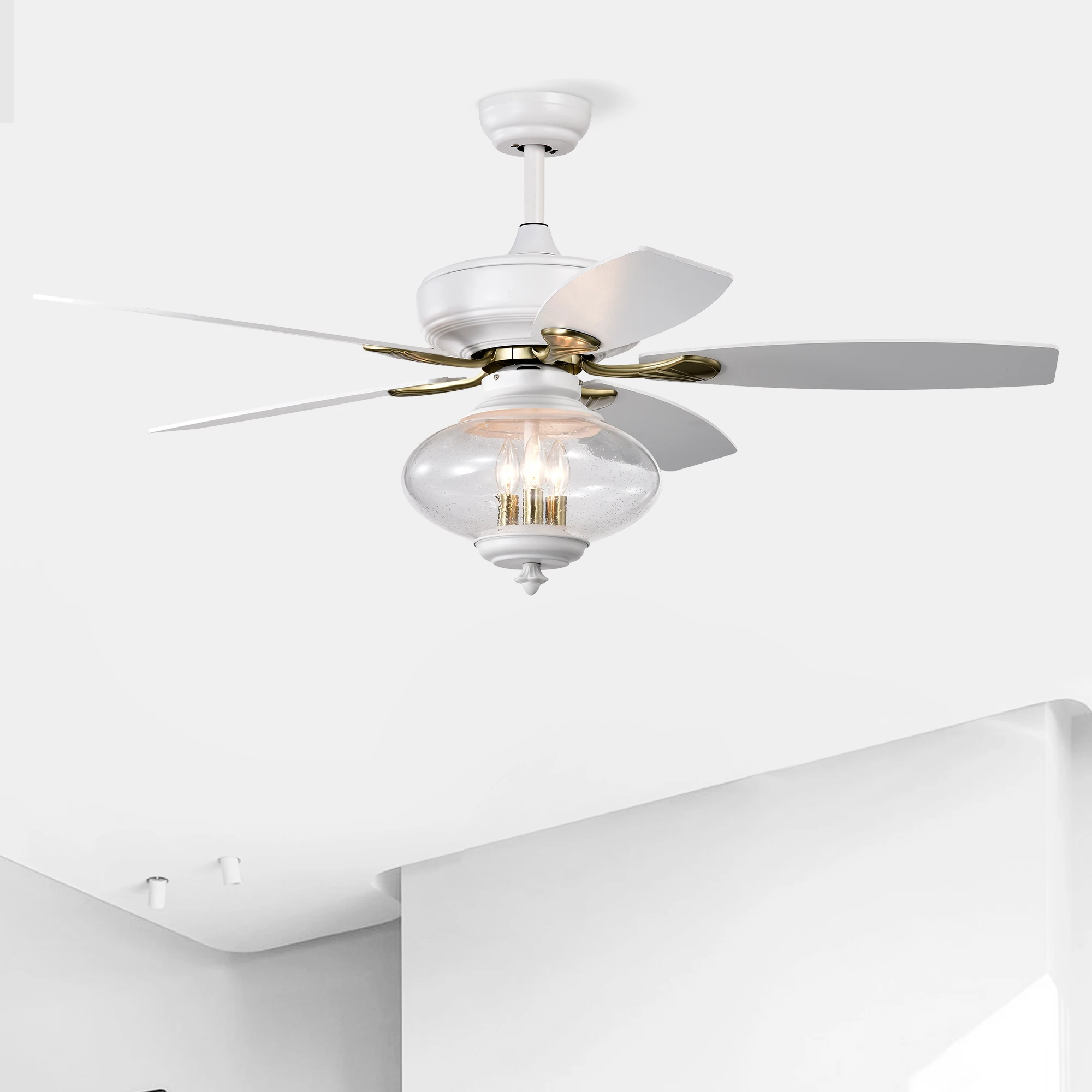 

52'' Low Profile Ceiling Fan , White Modern Ceiling Fans with Remote Control for Bedroom,Living Room,3 Speed ,Glass Shade --Matt