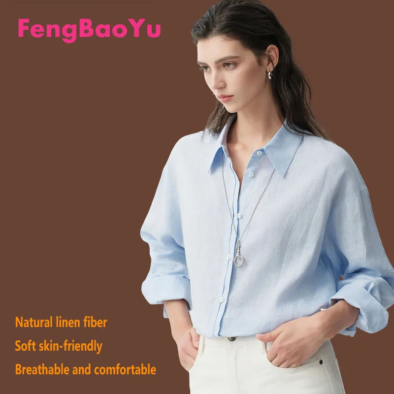 

Fengbaoyu 100% Natural Linen Women's Shirt Simple and Elegant Long-Sleeved Top Comfortable Loose Outdoor Casual Shirt