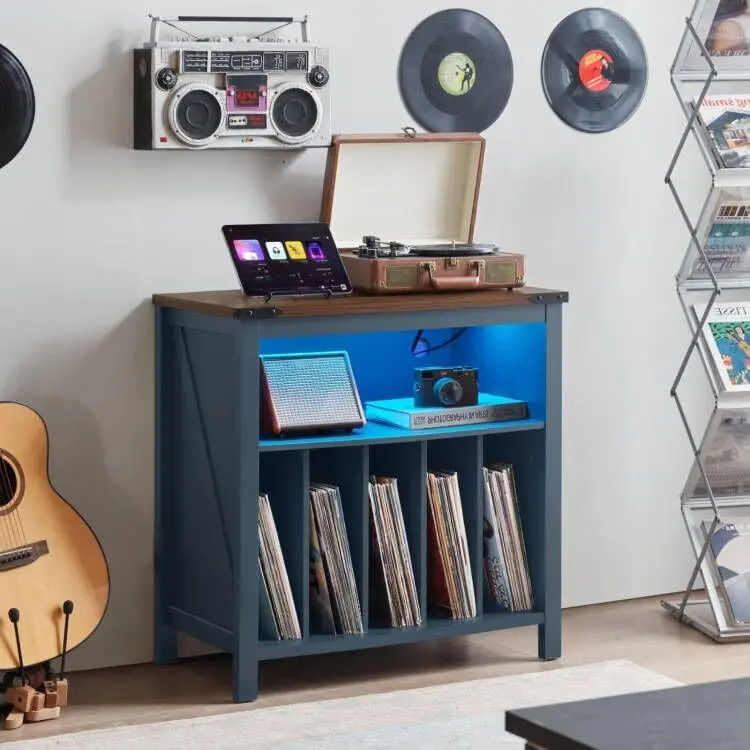 Large Record Player Stand with Charging Station & LED Lights, Vinyl Records Storage Holder Cabinet Holds up to 230 Albums, Turnt