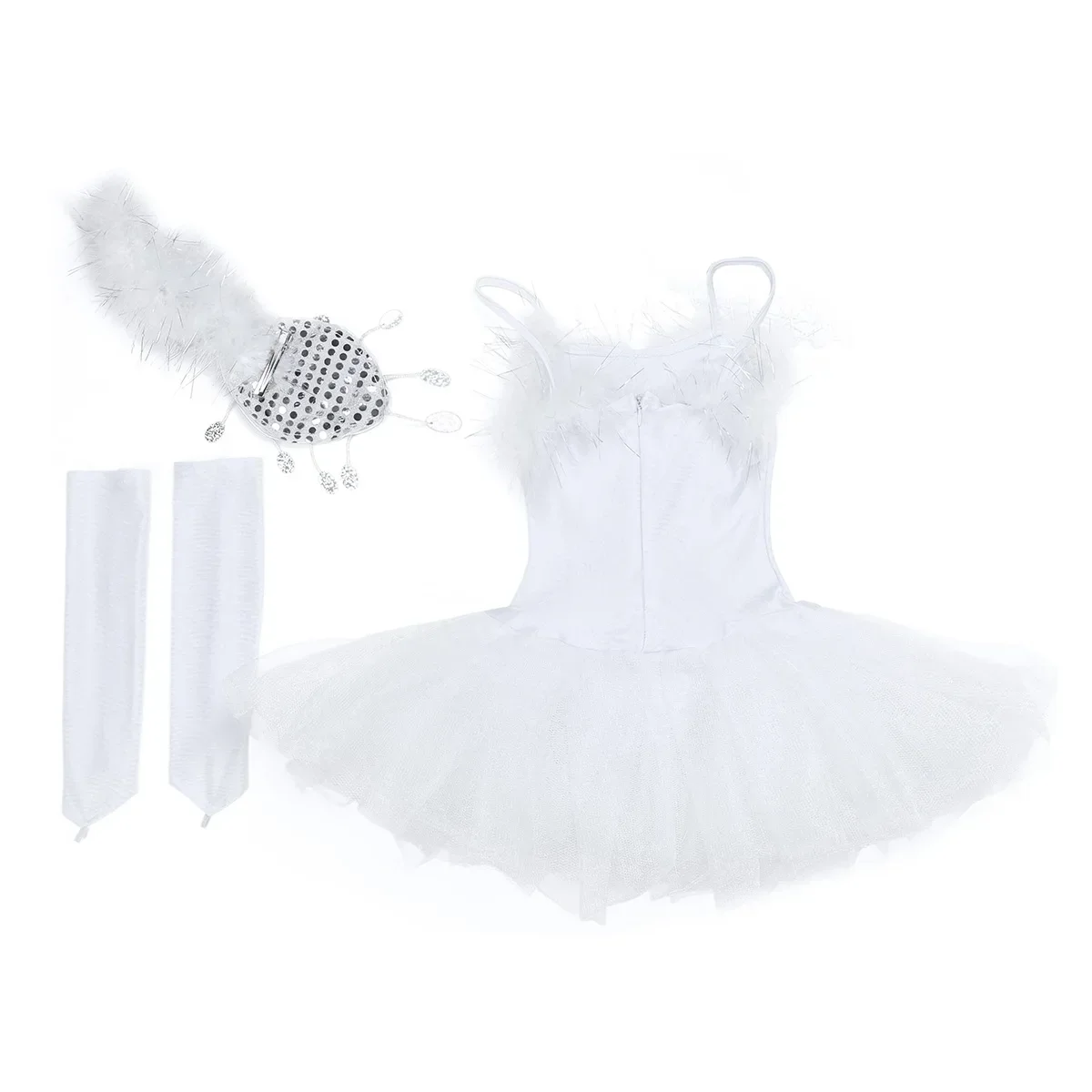 Kids Girls Swan Lake Ballerina Stage Performance Costume Ballet Dance Tutu Leotard with Arm Sleeves Hairpin Princess Dress Sets