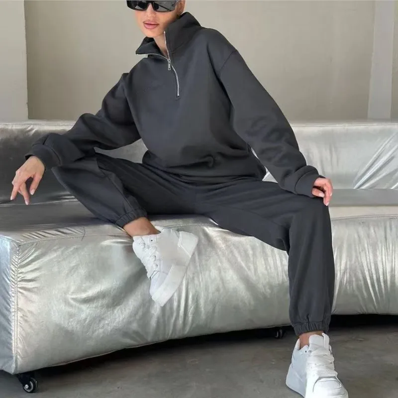 

Spring Fall 2-Piece Retro Solid Color Tracksuit with Zipper Cotton Loose Classic Jacket Sweatshirt Trouser Suits for Women