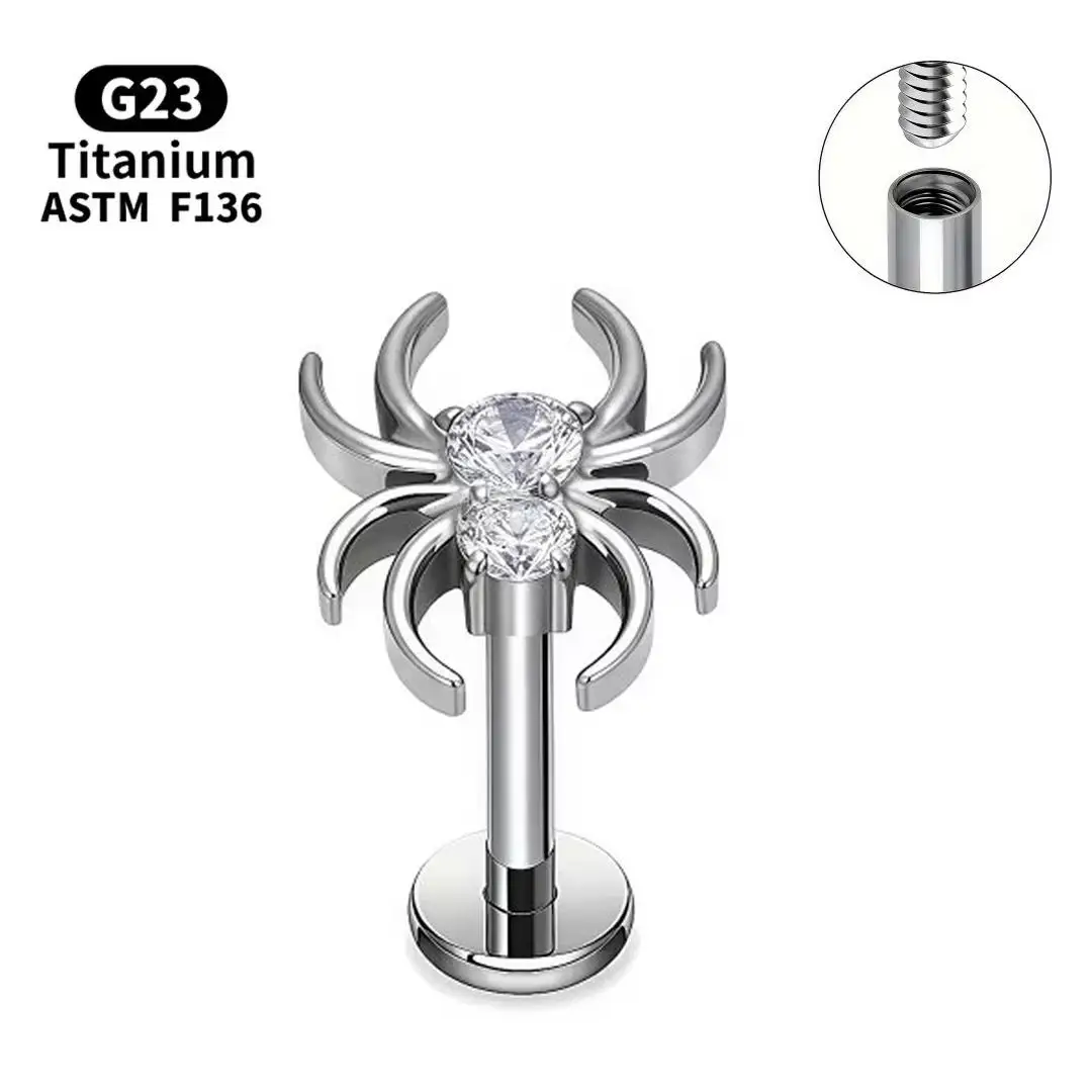ASTM F136 التيتانيوم 16 جرام تشيكوسلوفاكيا العنكبوت Labret الزنمة الغضروف محارة اللولب قرط الاذن المرصع شقة ثقب مجوهرات الهالوين مع صندوق هدية