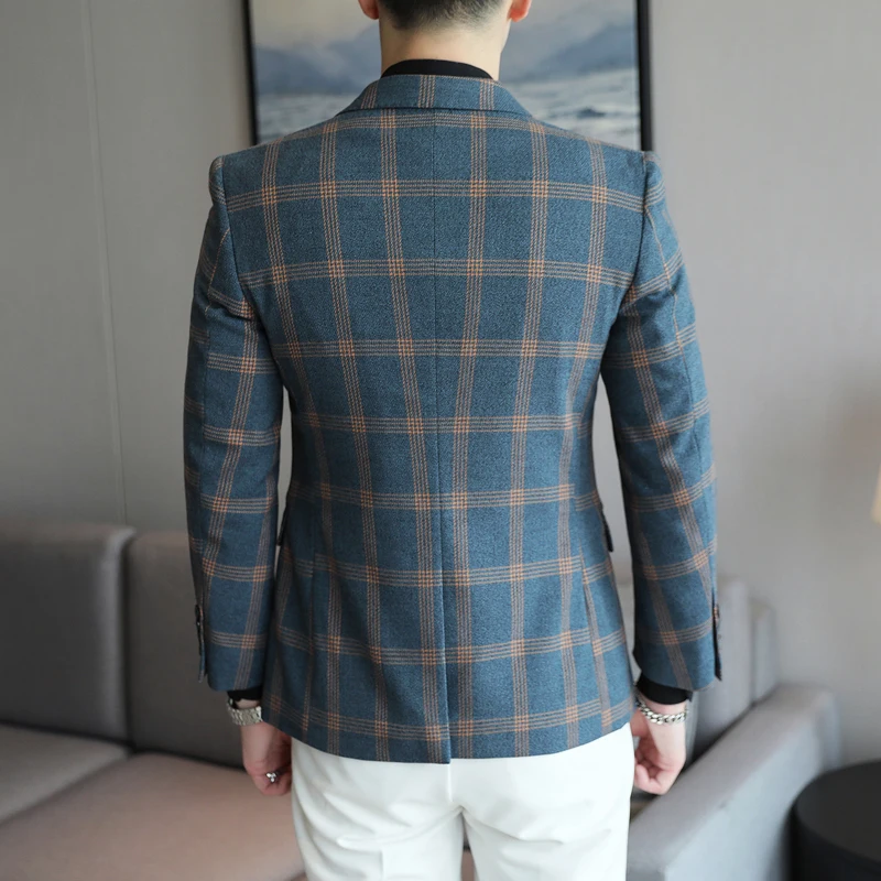 Business Slim Fit Mens Plaid Blazer Jacket 2022 Spring Autumn Casual Blazers For Men Elegant Dress Suit Jacket Plus Size 5XL-S