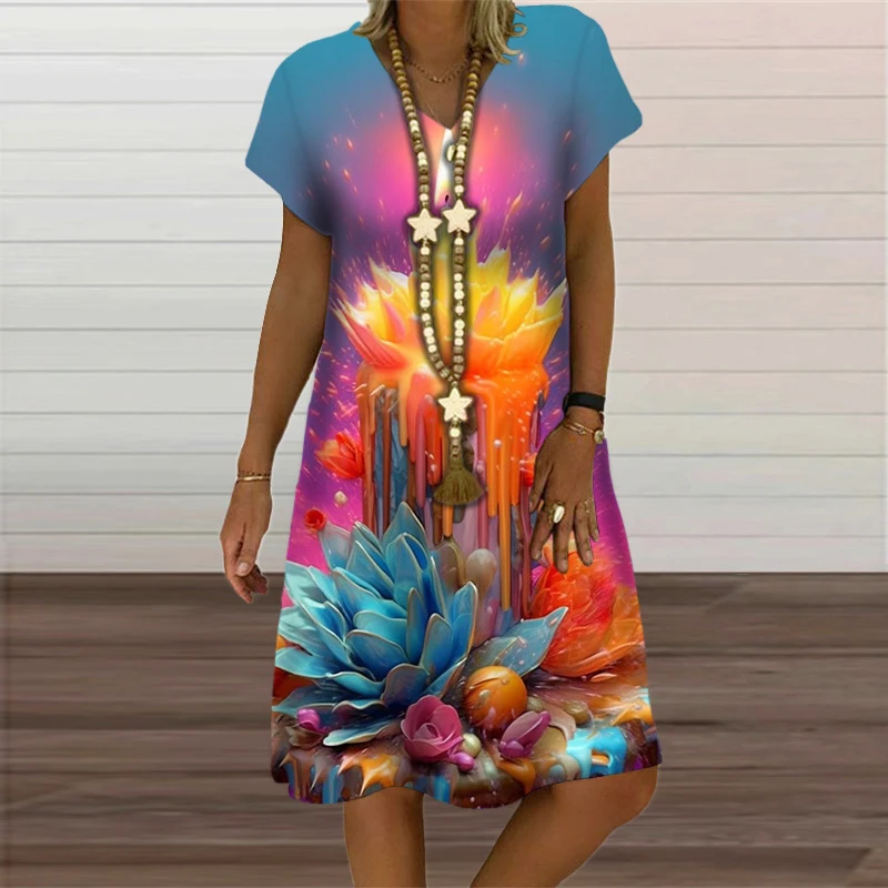 Summer Women\'s Dress For Vintage 3D Flower Print A-Line Dress Short Sleeve V-Neck Oversized Women Clothing New Sundress Vestidos