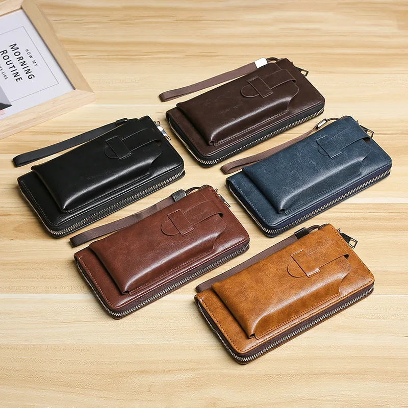 Men Unisex Pu Leather Cell Phone Purse Wallet Handbag Wristlet Pouch Card Bag Business Zipper Multi-Function Purse