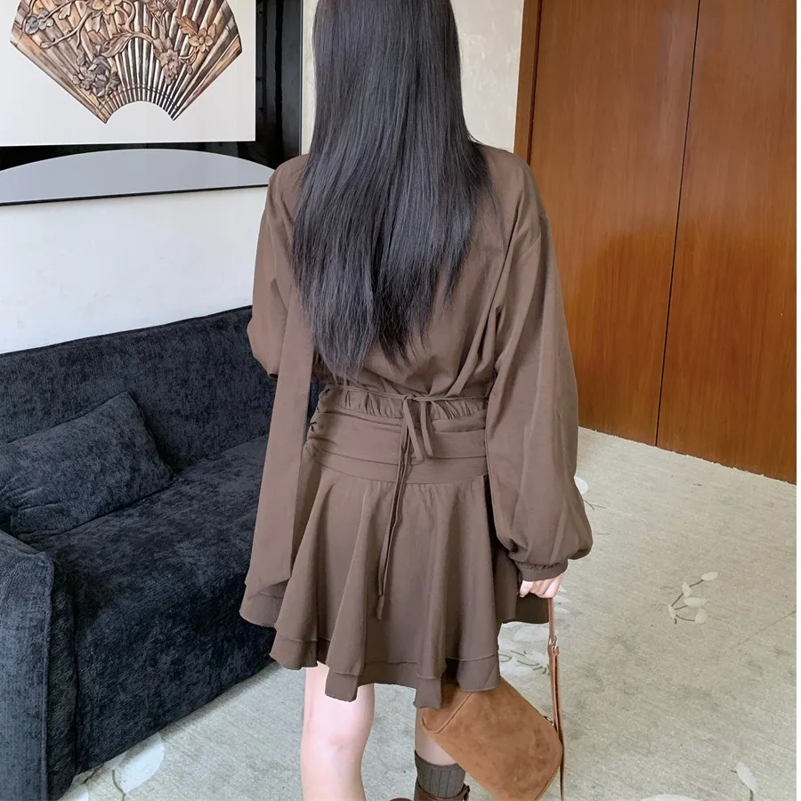 Ele V-Ne Long Sve Dr Faionable Ceinture pour femme ort Dr Mousseline drapée Prince Sle Ci Commuting Dr