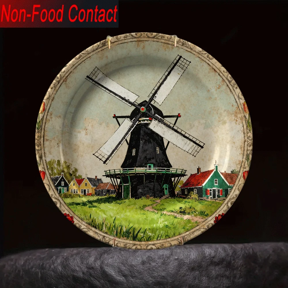 A 2D Ceramic Decorative Plate, Not for Food Use, Purely for Decoration, Featuring a Dutch Windmill And Tulip Countryside Scene,