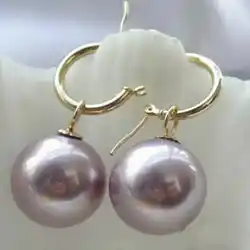 Rare Huge 12mm Purple South Sea Shell Pearl 14k gold Earrings Mother's Day Hook Holiday gifts Jewelry VALENTINE'S DAY Party