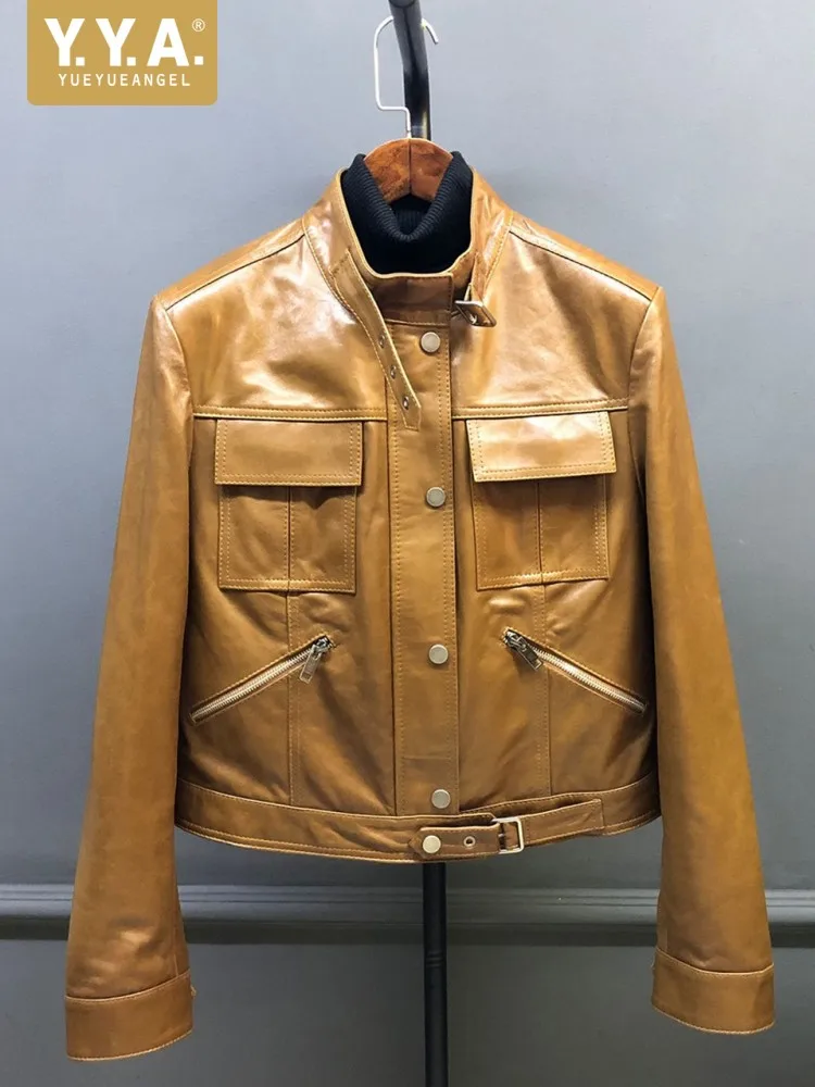 Punk Women Genuine Leather Motorcycle Jacket Stand Collar Streetwear Outerwear Vintage Oil Wax Sheepskin Short Coat