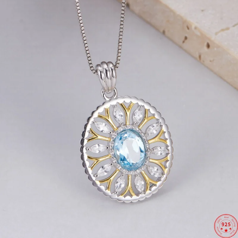 S925 Sterling Silver Charms Pendant for Women Contrast Colored Hollow Sunflower Full Micro Zircon Inlaid Topaz Jewelry Wholesale