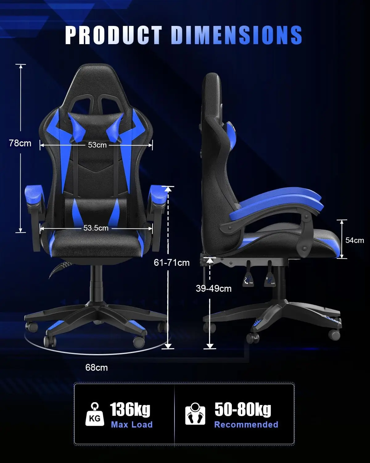 RGB Gaming Chair for Adults & Kids, Lumbar Support, Blue. | High-Back Ergonomic Gamer Chair with Headrest & Lumbar Support, Raci