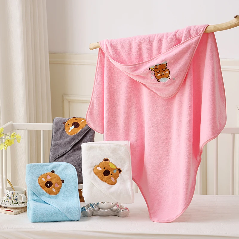 Coral fleece children's wearable blanket, cute cartoon embroidery home bath towel, soft, comfortable and highly absorbent