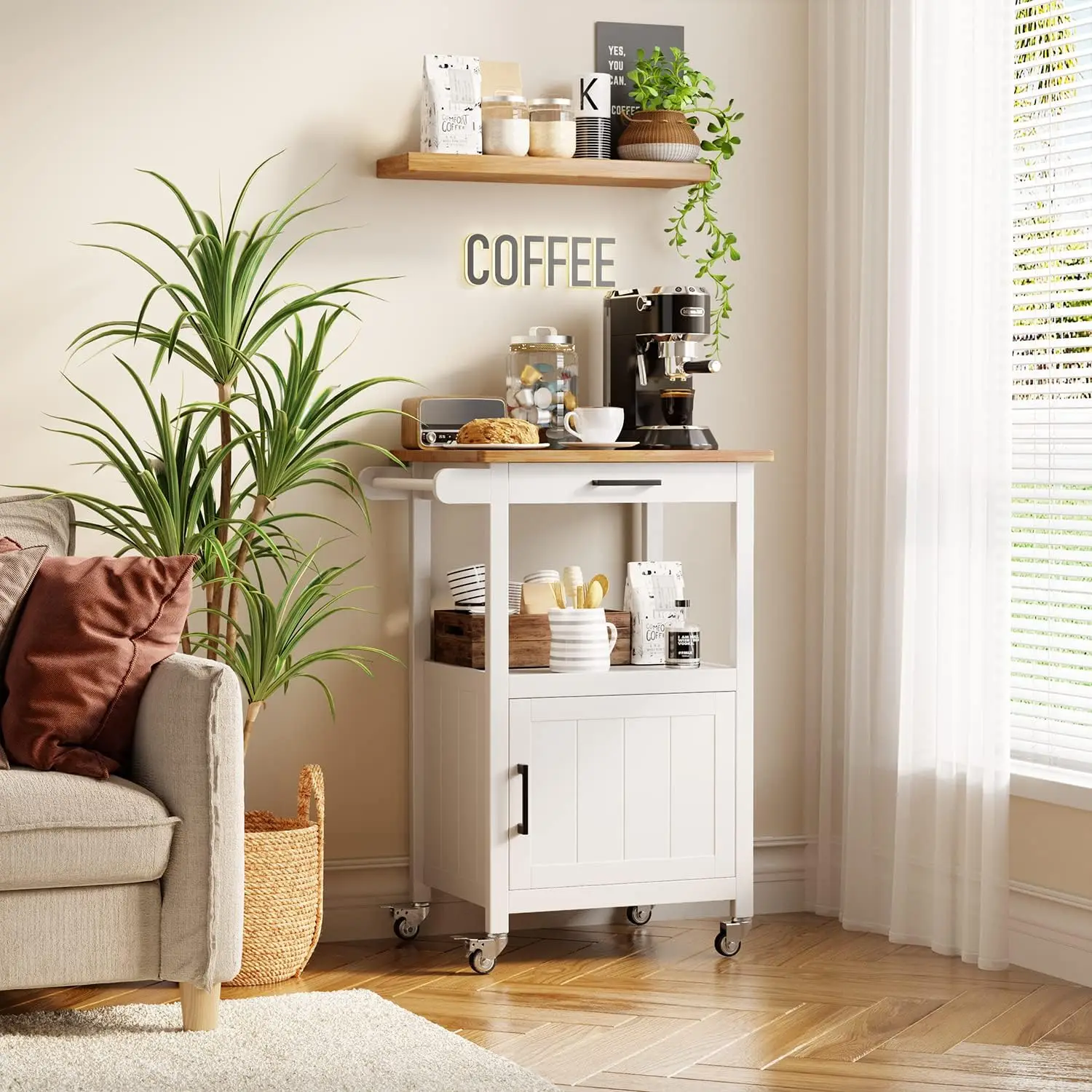 

Rolling Kitchen Island Cart With Drawer, Storage On Wheels, Small Home Coffee Bar, Microwaves Stand, Table/Cabinet And Side