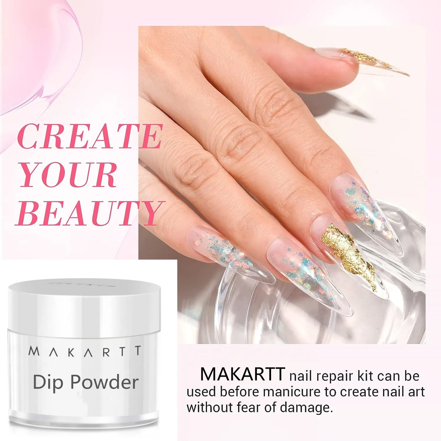 Makart Nagel reparatur set für rissigen Natur nagel, Clear Dip Pulver Nagel Kit Starter Set mit 2 in 1 Basis Dec klack, Aktivator