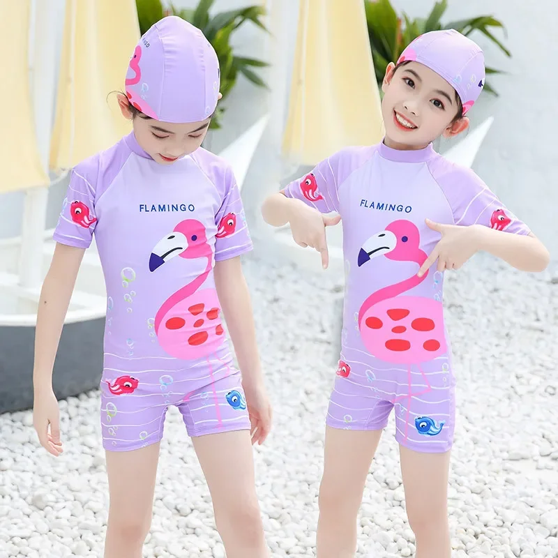 New Girl Swimsuit, Children's Princess Jumpsuit, Middle School Kids Sun Protection Cartoon Swan Hot Spring Swimwear with Cap