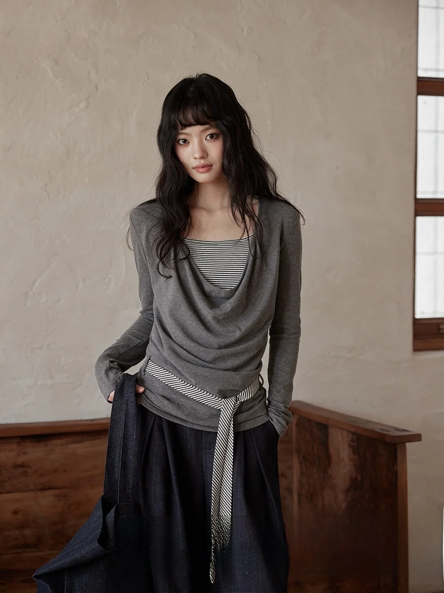 

Женская футболка Ele Korean Sle Base с длинным рукавом и высокой талией, новинка весны 2026 года, цветная