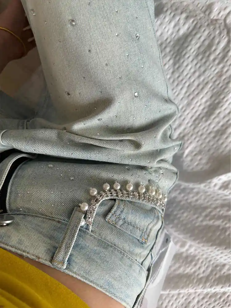 대형 라인 석 청바지 여성 봄/여름 새로운 높은 허리 구슬 주머니 느슨한 넓은 다리 바지 패션 틈새 데님 바지