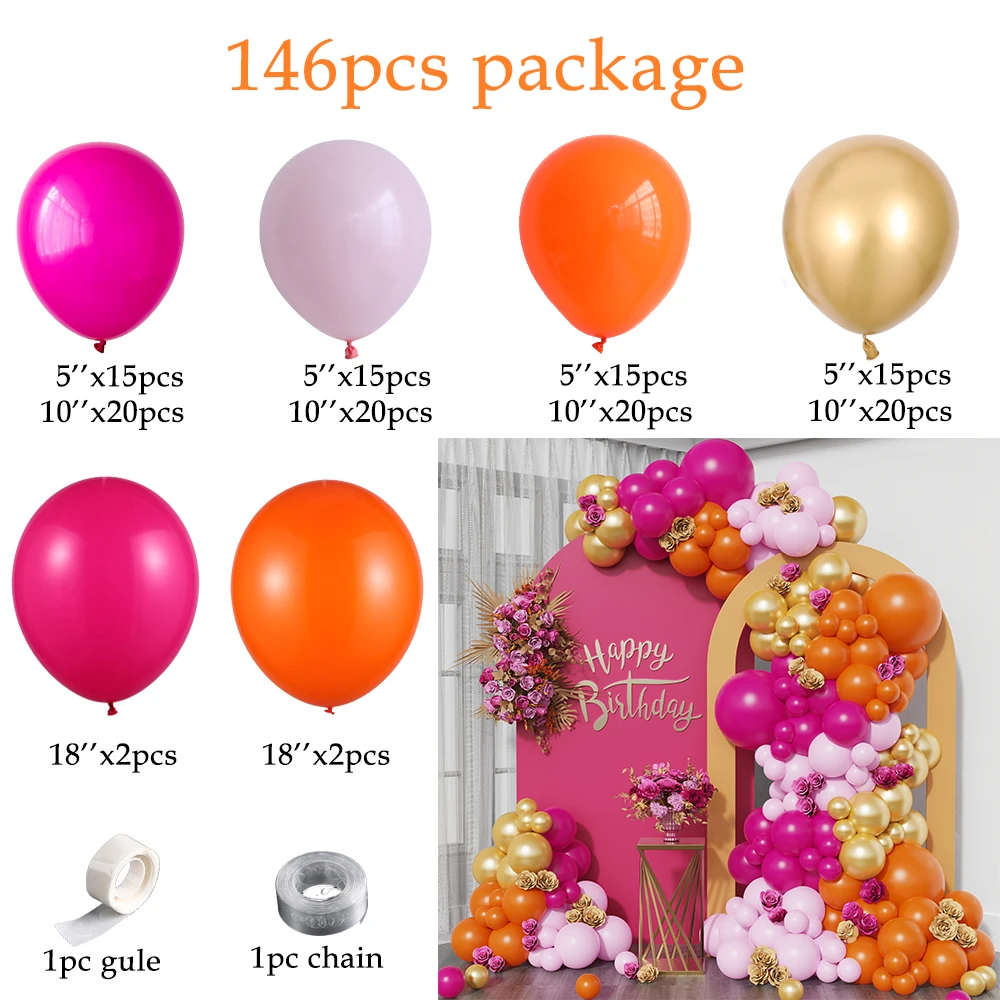 146pcs Rose Pink Orange Metallic Gold Balloon Garland Arch Set Summer Hawaiian Tropical Birthday Wedding Decoration Baby Shower