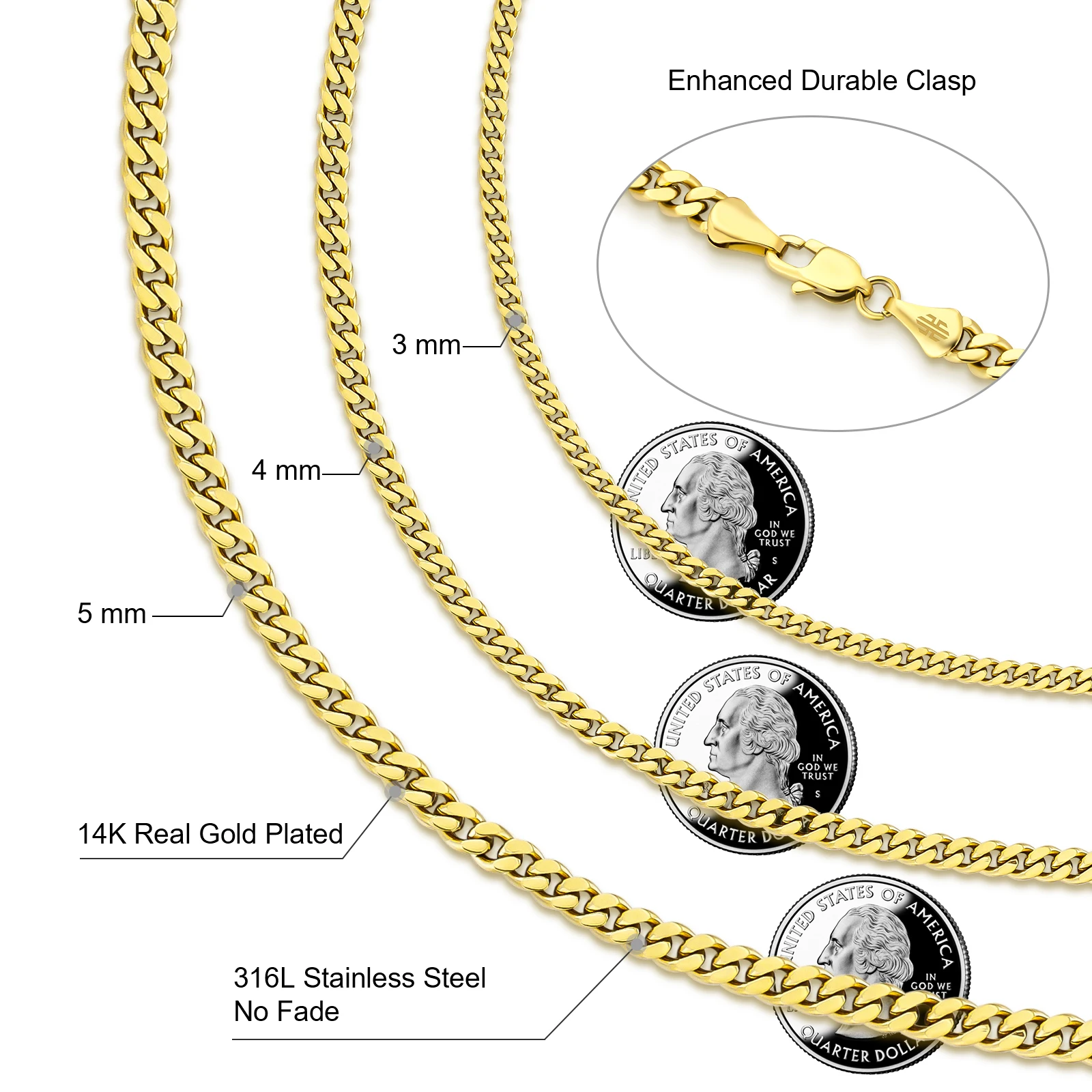 KRKC Wholesale 3mm 4mm 5mm 6mm 8mm 14k Gold Plated Stainless Steel Miami Cuban Link Necklace Lobster Clasp Mens Chains