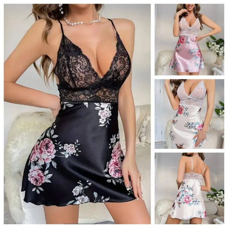

Sexy V-neck Pajama Satin Lace Print Silk Nightgown Sexy Lingerie Women's Halter Dress Clothes Night Dress Women Summer Dresses