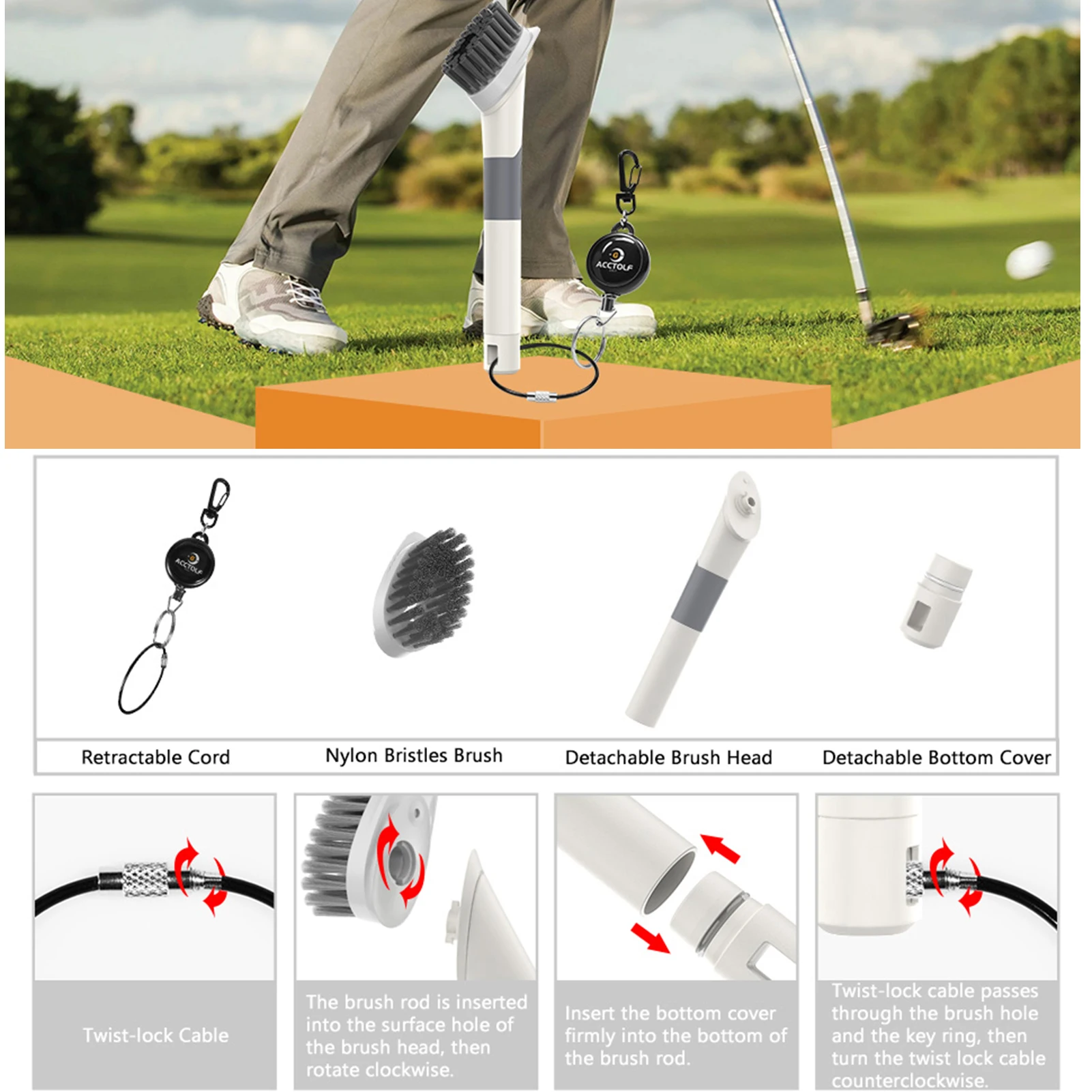 ゴルフクラブブラシ ポータブルゴルフクラブクリーニングブラシ 漏れ防止水貯蔵パイプ付き ゴルフブラシと溝クリーナー ジップライン付き